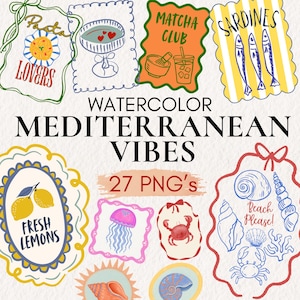 Pode incluir: Uma coleção de ilustrações em aquarela com vários designs de temática mediterrânea, incluindo massa, sardinhas, limões, águas-vivas, caranguejos e conchas, com textos como Pasta Lovers, Matcha Club, Sardines, Fresh Lemons e Beach Please.