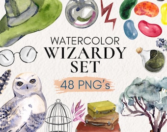 Aquarell Zauberer Clipart Set, magische PNG Grafiken (digitaler Download)