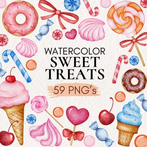 Clipart aquarel zoete lekkernijen, zoete snacks png, cupcakes, donuts, ijs, koekjes, snoep lollies png, verjaardagsdessert illustraties