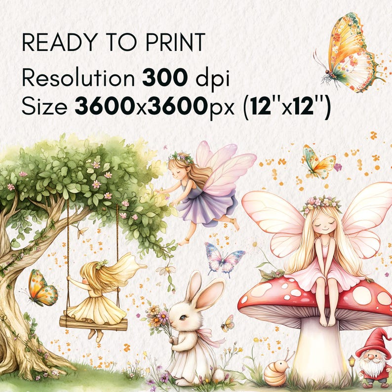 May include: A digital illustration of fairies in a whimsical forest setting. The fairies are wearing colorful dresses and have wings. There is a rabbit holding flowers, a mushroom with a fairy sitting on it, and a gnome. The background is a watercolor painting of a forest with trees, flowers, and butterflies.