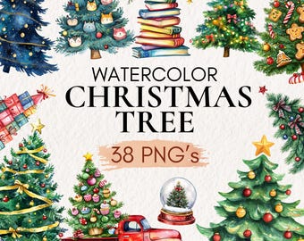 Watercolor Christmas Tree Clipart | 38 Holiday PNGs (Digital Download)