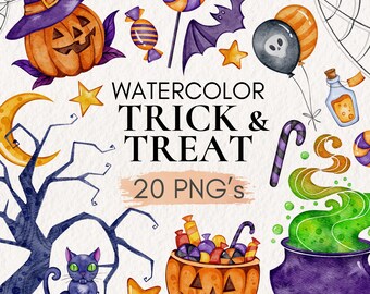 Watercolor Halloween Clipart, Spooky Pumpkins, Bat, Cat (PNG, Digital Download)