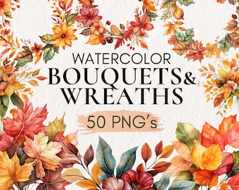 Imágenes prediseñadas de ramos de otoño, elementos otoñales, gráficos florales otoñales, otoño PNG, ramos de otoño, coronas de otoño, herbario de acuarela, hojas PNG