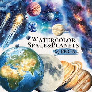 Aquarell Weltraum Clipart Bundle, Aquarell Planeten Clipart, Weltraum Kinderzimmer Dekor, Weltraum und Planeten PNG, Weltraum für Kinder, Instant Download