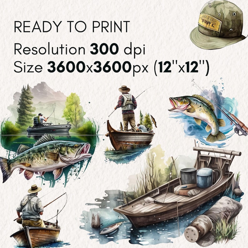 K&ouml;nnte beinhalten: Aquarell-Illustration von Angelszenen. Die Illustration zeigt einen Angler in einem Boot, einen Schwarzbarsch, eine Angelrute und eine Anglerm&uuml;tze. Die Illustration ist im Aquarellstil gehalten und in Blau- und Gr&uuml;nt&ouml;nen gehalten.