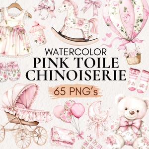 Roze toile-kwekerij clipart, roze toile de jouy-illustraties, chinoiserie bloemen png, Frans decor voor babymeisje douche, vintage toile-patronen