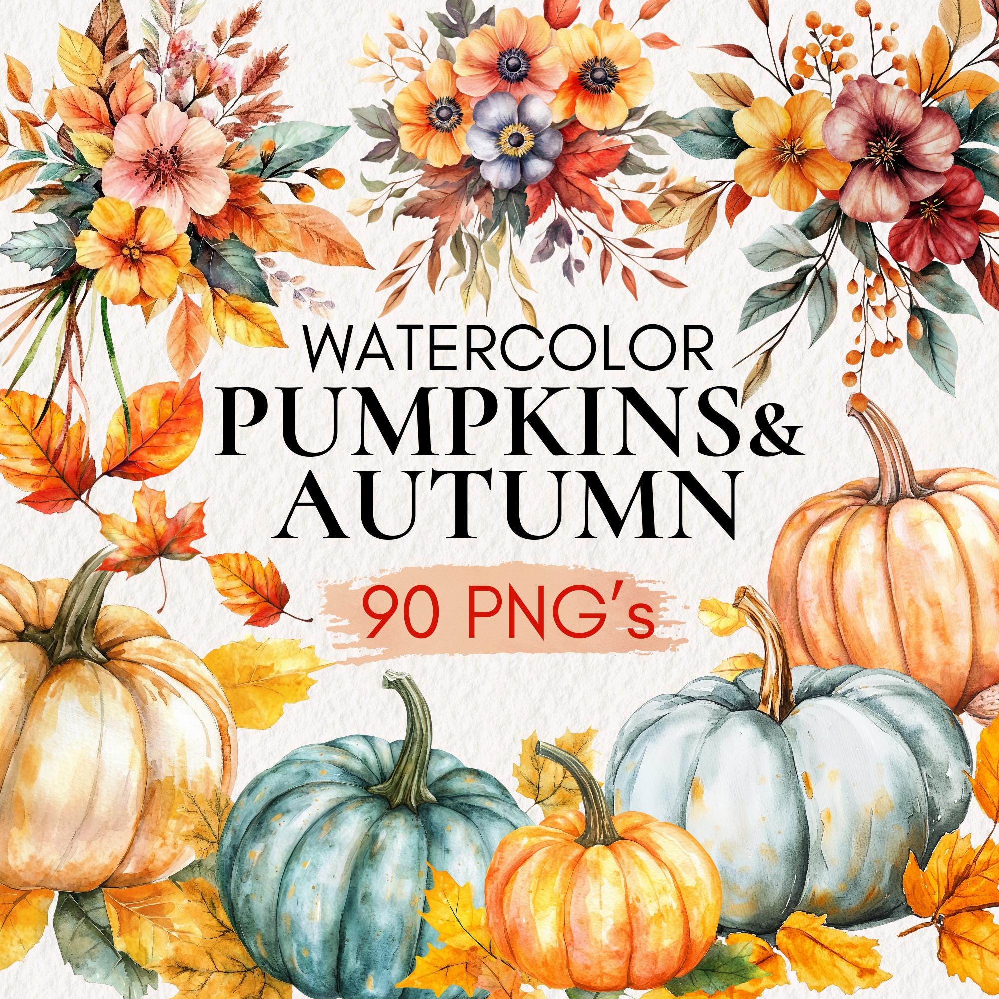 Paquete de imágenes prediseñadas de calabazas de otoño, colección de calabazas de otoño en acuarela, imágenes prediseñadas de calabazas, calabaza PNG, otoño PNG, hojas de otoño, coronas de otoño
