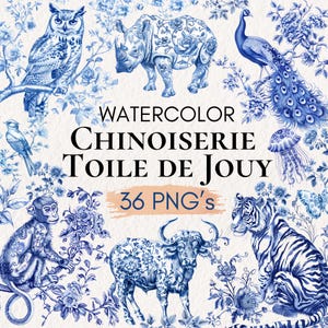 Chinoiserie toile de jouy-illustraties, blauwe toile-kwekerij clipart, chinoiserie bloemen png, Franse toile de jouy, vintage toile-patronen