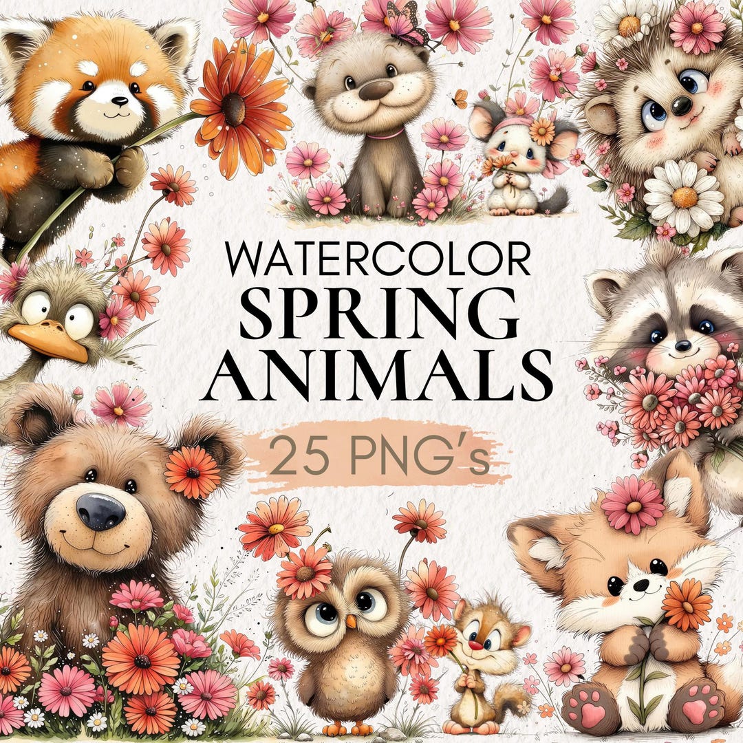 Bitmap Spring Animals Watercolor Spring Animals Clipart, Woodland Baby Creatures PNG (digital ...