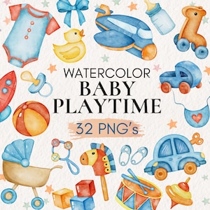 Watercolor Baby Shower Clipart, Blue Baby Shower PNGs, Newborn Baby Boy Clipart, Nursery Clipart, Gender Reveal Bundle, Blue Nursery Decor