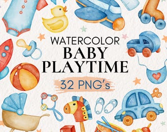 Watercolor Baby Clipart, Blue Playtime PNG Bundle (32 Files)