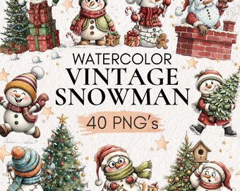Watercolor Vintage Snowman Clipart | 40 Retro Christmas PNG Set (Digital Download)