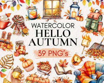 Calabazas y flores de otoño en acuarela, clipart de calabaza de otoño, calabaza PNG, otoño acogedor, otoño en acuarela, gráficos de sublimación de otoño