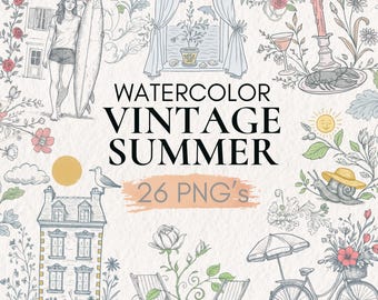 水彩画風のヴィンテージサマークリップアート、レトロな海岸風景PNGセット（イラスト26点）