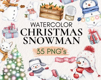 Watercolor Christmas Snowman Clipart, Winter Holiday PNG (Instant Download)