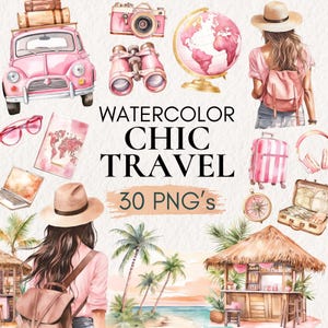 Chica viajera en acuarela, chica viajera, clipart de viaje rosa, PNG de viaje femenino, clipart de verano, clipart de viaje elegante, PNG de viaje
