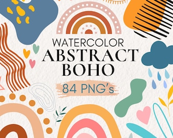 Aquarel boho clipartbundel, regenbogen, bladeren (PNG, digitale download)