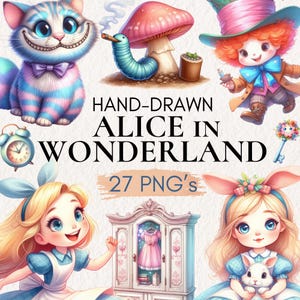 Clipart Alice au pays des merveilles, goûter du chapelier fou, mange-moi, bois-moi, lapin blanc, chat du Cheshire, dessins fantastiques du pays des merveilles, Alice PNG