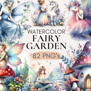Watercolor Fairy Garden Clipart, Watercolor Fairy Clipart, Fairy Garden PNG, Mushroom house Clipart, Fairy House, Unicorn, Floral Clipart