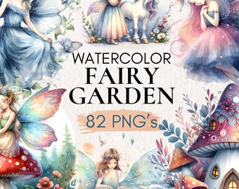 Watercolor Fairy Garden Clipart, Unicorn, Floral PNGs (82 Files)