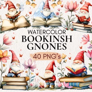 水彩画の読書好きノームのクリップアート、本を読んでいる春のノームの PNG、読書ノームのデジタルアート、水彩画の庭のノーム、春のノームのバンドル