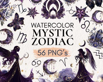 May include: A collection of watercolor mystic zodiac graphics in shades of purple, gold, and black. The design includes zodiac symbols, celestial elements, and the text "Watercolor Mystic Zodiac" and "56 PNG's".
