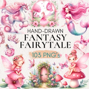 Fantasy Fairytale Clipart, Wróżki, Syreny, Zamki, Wróżka akwarelowa, Różowa wróżka PNG, Ogród wróżek, Dom grzybowy, Dom wróżek, Księżniczka
