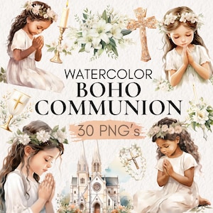 Clipart della prima comunione, Clipart della prima comunione, Prima comunione boho, Clipart cattolica ad acquerello, Artigianato religioso boho Decorazione della chiesa