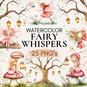 Watercolor Fairy Garden Clipart, Watercolor Fairy, Pink Fairy PNG, Fairy Garden, Mushroom Clipart, Mushroom house Clipart, Fairy House