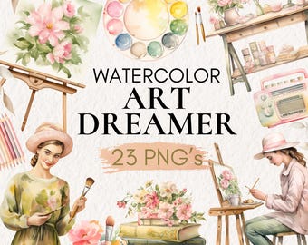 Aquarell Kunst Träumer Clipart, Malerei Mädchen PNG (digitaler Download)
