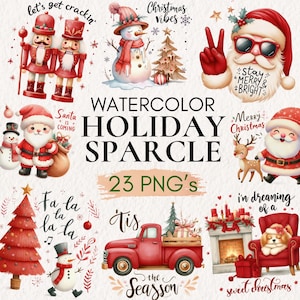 May include: Watercolor holiday-themed digital art featuring Santa Claus, snowmen, Christmas trees, and a red pickup truck. Text includes "Watercolor Holiday Sparcle" and "23 PNG's". Festive illustrations for holiday projects.