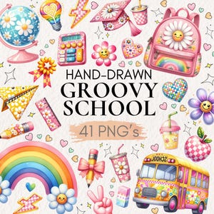 Retro Zurück zu Schulmaterial Clip Art, Groovy Schule Clipart Bündel, Lehrer Png Pastell Abschluss, Clipart Png Bündel, Gänseblümchen Bücher Bleistift