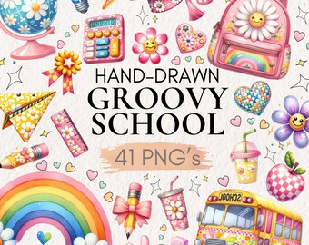 Groovy School Clipart Bundle, Retro Teacher PNG (Digital Download)