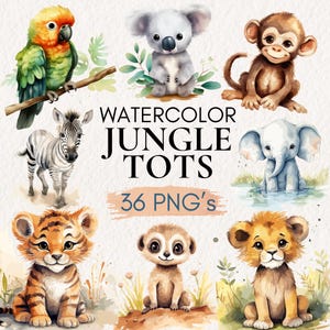 Watercolor Jungle Animals Clipart, Jungle Animals PNG, Safari Baby Animals, Cute Jungle Animals, Safari Animal PNG, Jungle Party Decor, Lion