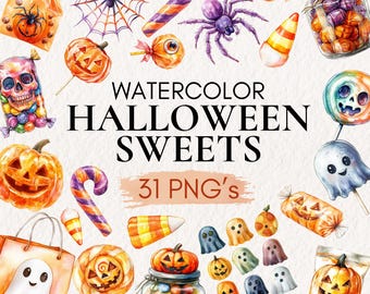 Watercolor Halloween Sweets Clipart | Candy, Pumpkins (PNG)