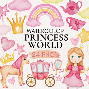 Aquarell Rosa Prinzessin Clipart, Königliches Clipart, Rosa Schloss Clipart, Kleine Prinzessin Clipart, Prinzessin und Schloss PNG, Rosa Prinzessin