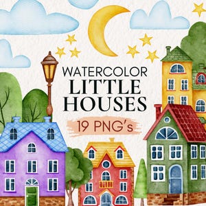 Watercolor Village Clipart, Cute Little Houses PNG, Cottagecore Printable Homes for Cards, Crafts, Decor, Cottagecore Digital Art for Crafts