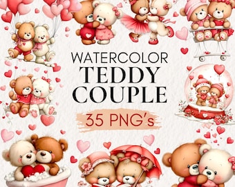 Watercolor Teddy Couple Clipart Bundle | Cute Bear Couples Hearts PNG ...