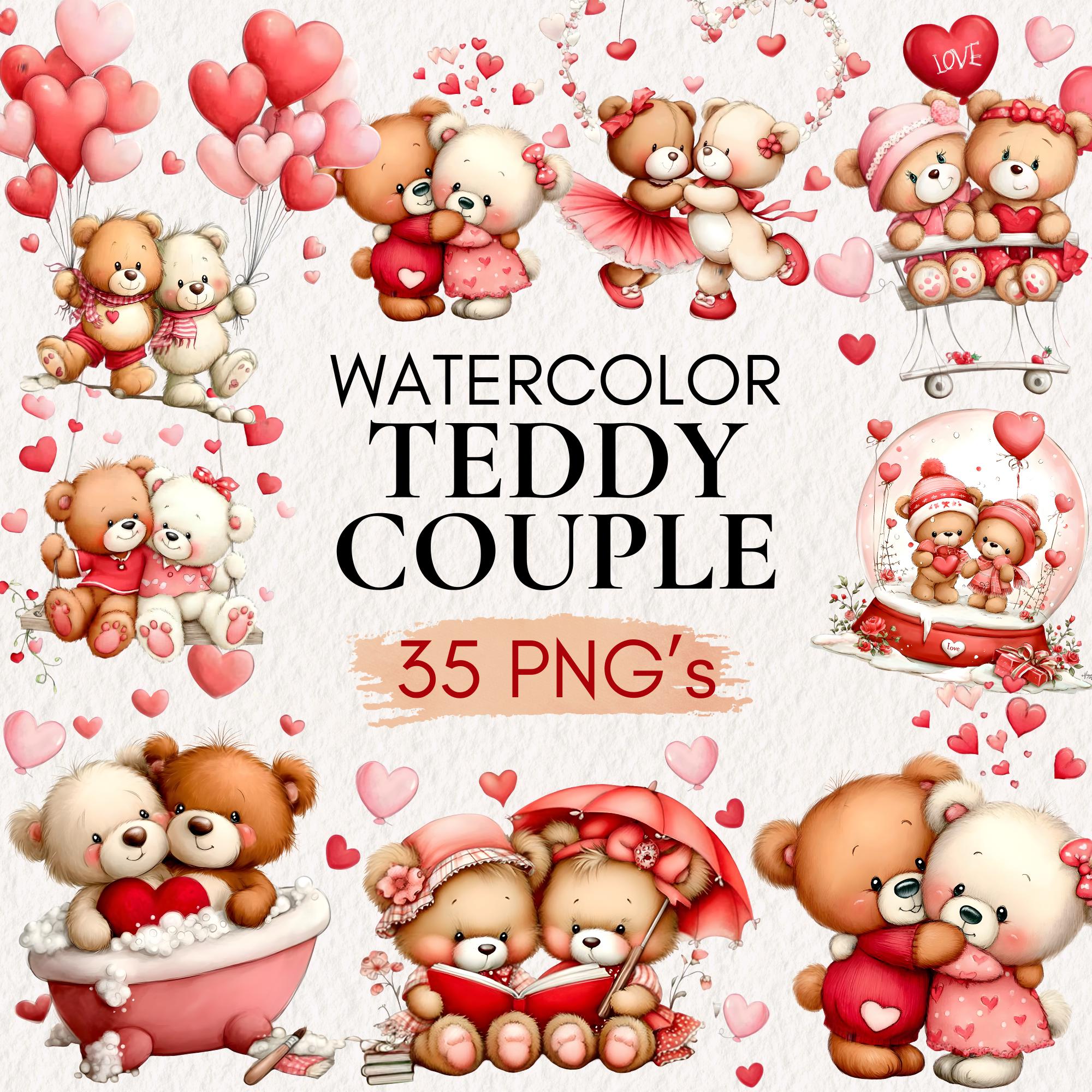 Watercolor Teddy Couple Clipart Bundle | Cute Bear Couples Hearts PNG ...