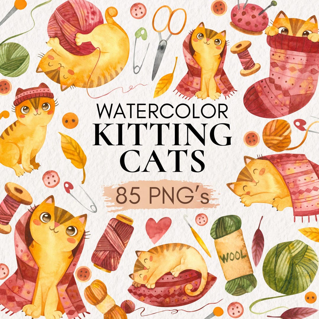 Watercolor Knitting Cats Clipart | Cute Cat With Yarn PNG, Crochet ...