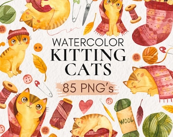 Watercolor Knitting Cats Clipart | Cozy Cat PNG Graphics (Digital Download)