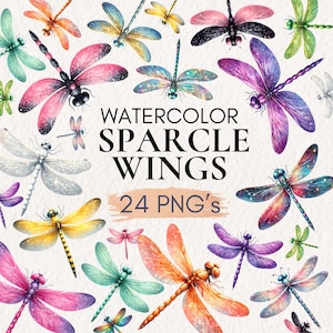 以下が含まれることがあります： ピンク、紫、青、黄色など、さまざまな色の水彩トンボのイラストのコレクションです。「WATERCOLOR SPARCLE WINGS」と「24 PNG's」の文字が入っています。 トンボは、キラキラ光る効果のある詳細な羽を持っています。