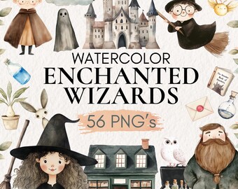 Watercolor Wizard Clipart, Fantasy Graphics (56 PNG)