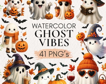 Imágenes prediseñadas de fantasmas en acuarela, imágenes PNG de Halloween otoñal, elementos florales (descarga digital)