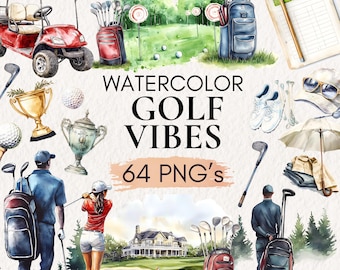 Imágenes prediseñadas de golf en acuarela, imágenes PNG de deportes, carrito de golf, palo de golf (descarga digital)