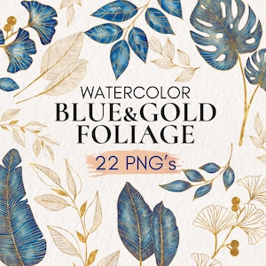 May include: Watercolor illustration featuring blue and gold foliage. The image includes various leaf shapes and textures, with the text "Watercolor Blue & Gold Foliage" and "22 PNG's". The leaves are in shades of blue and gold.
