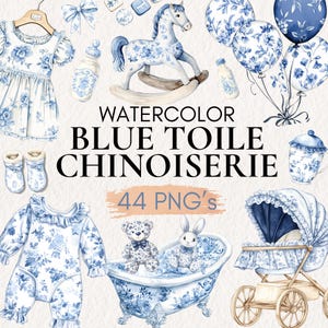 Clipart de toile azul para guardería, ilustraciones de toile de Jouy rosa, PNG floral chinoiserie, decoración francesa para baby shower de niña, patrones de toile vintage