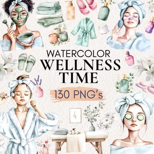 Bundle de cliparts spa aquarelle, ensemble PNG détente et soins personnels, illustrations de journée de spa, fête au spa, filles de spa, clipart salle de bain, soins personnels PNG