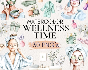 Watercolor Spa Clipart Bundle, Self-Care PNG Set (130 Images)