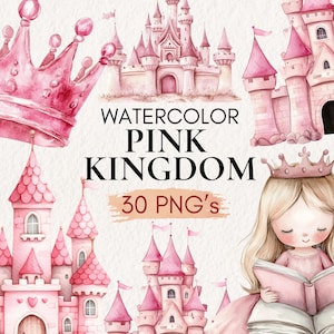 Clipart aquarelle château de princesse rose, princesse rose PNG, dragon rose, clipart château rose, princesse fête d'anniversaire rose château aquarelle
